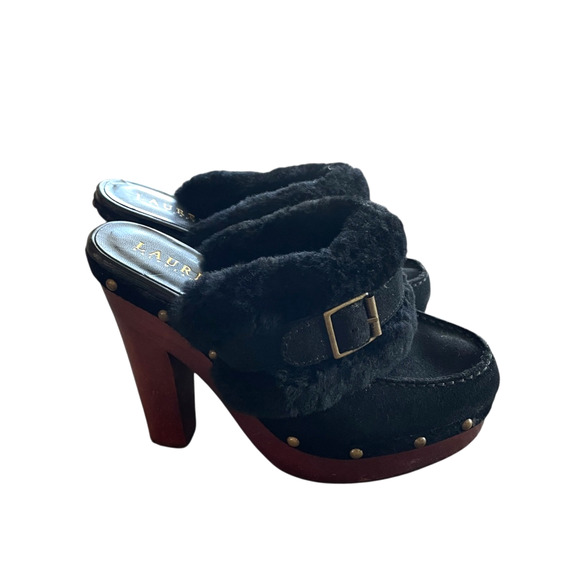 LAUREN RALPH LAUREN Woman's Size 6.5 Black Suede Faux Fur 5" Heel Platform Clogs - Picture 2 of 12